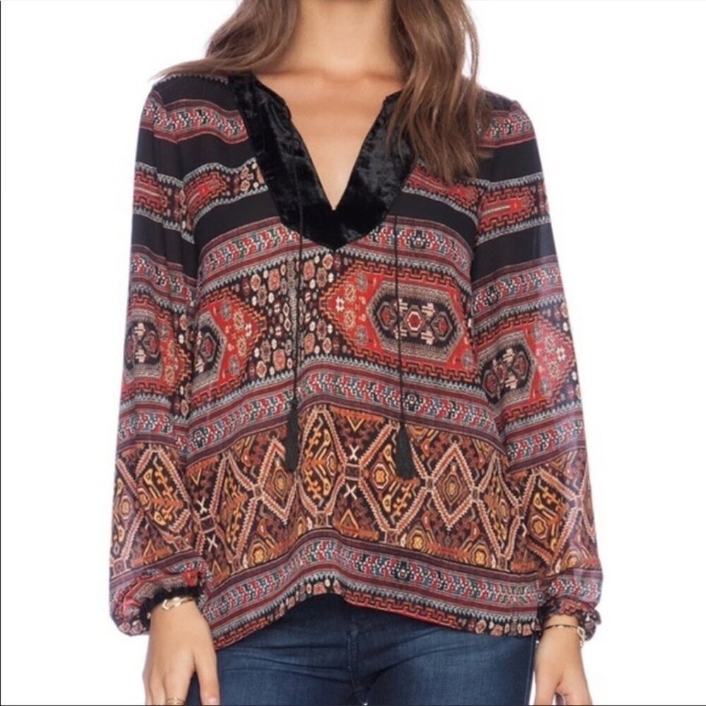 Sanctuary Womens Market Boho Tunic Top Peasant Aztec Long Sleeve Tassel Tie S